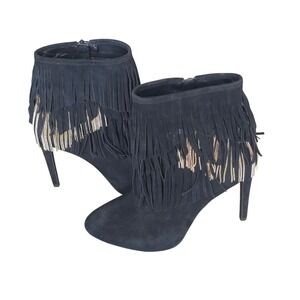 Gianni Bini Black Suede Fringe Ankle Booties 8.5 Stiletto Western Boho Cool Girl